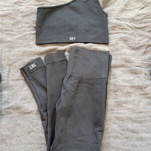 SET Active Black Ribbed One-Shoulder Crop Top and leggings